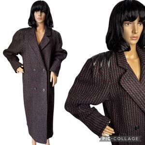 Vintage 80 Billycoat Tweed Long Red Black Coat Big Leather Shoulders size Medium